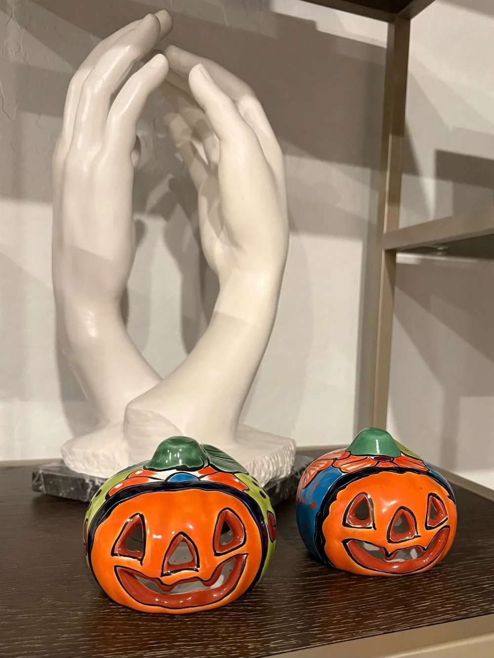 Authentic Talavera Hand-Painted 3.5” Ceramic Jack-O'-Lantern Pair